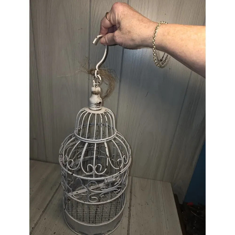 Vtg Hanging White Metal Decorative Bird Cage 15.5
